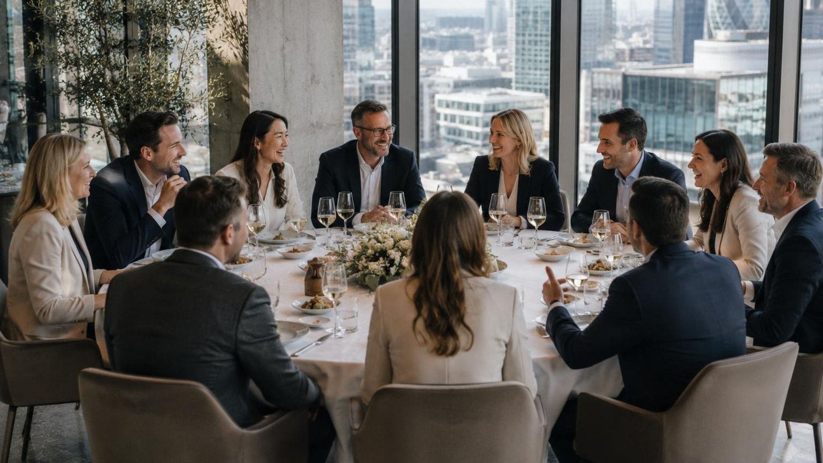 Technology and business executives gathered around a roundtable lunch in a high-rise venue, engaged in conversation and peer networking. An example of what an executive event company does. 