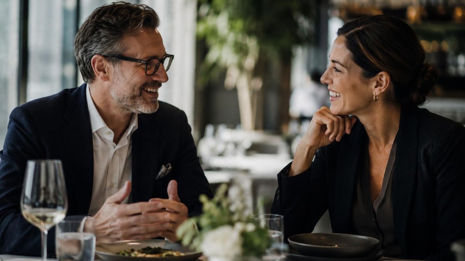 Two senior professionals enjoying a one-to-one conversation over lunch, creating connections and strengthening business relationships in a relaxed environment.