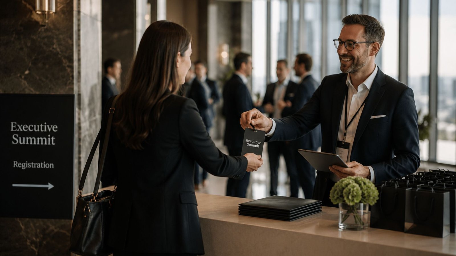 Executive event host welcoming a senior attendee at registration, demonstrating seamless event coordination, personalised service, and professional guest management in a premium business venue.